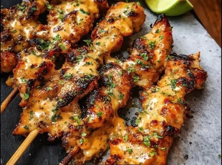 Spicy Bang Bang Chicken Skewers served on a platter with dipping sauce
