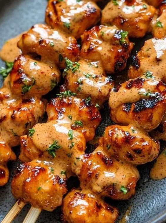 Bang Bang Chicken Skewers, spicy chicken on skewers, grilled meat dish