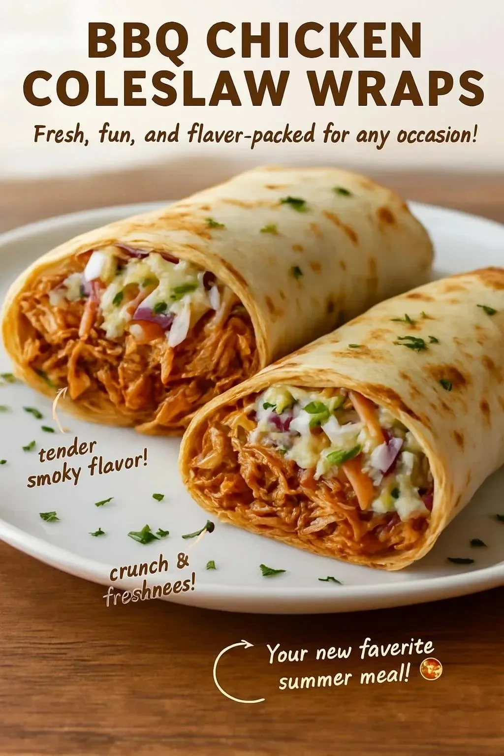BBQ chicken wraps with coleslaw in a tortilla, showcasing delicious ingredients.
