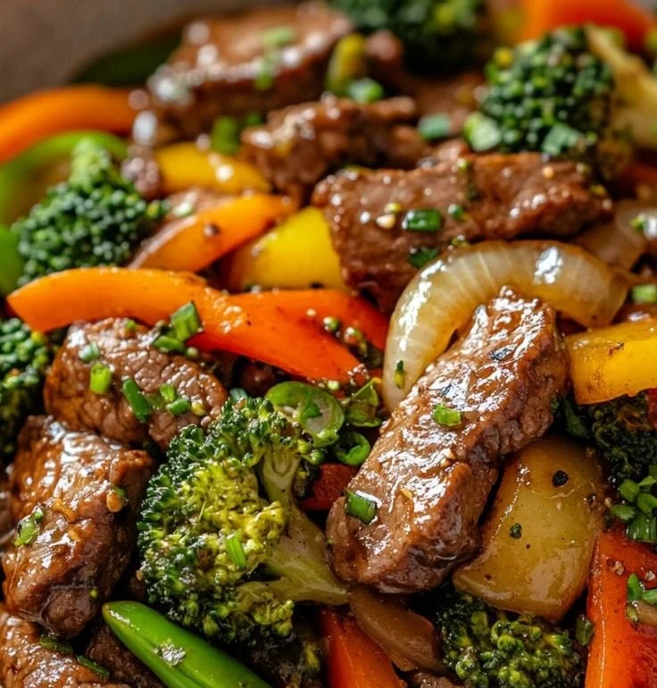 Colorful beef and vegetable stir-fry in a pan, showcasing fresh ingredients.