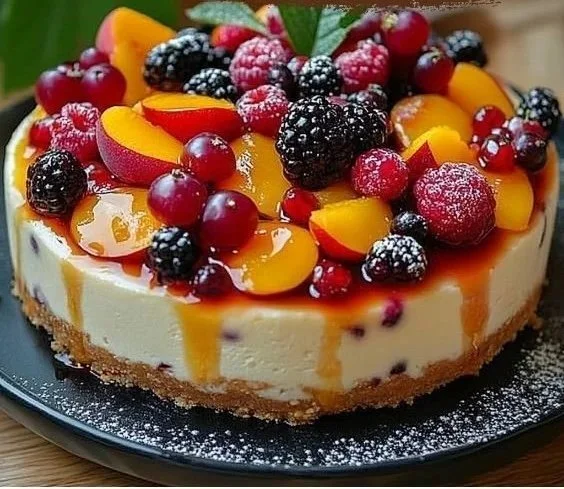 Slice of Berry Peach Cheesecake topped with fresh berries and peaches