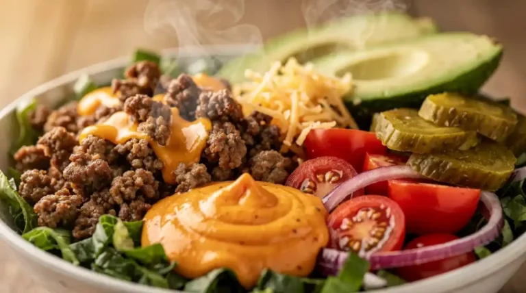 Delicious homemade burger bowls garnished with fresh vegetables