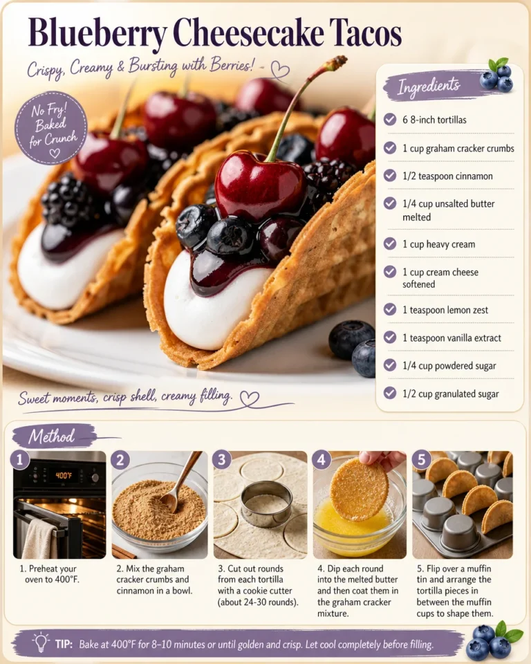 Blueberry cheesecake tacos topped with fresh blueberries and whipped cream