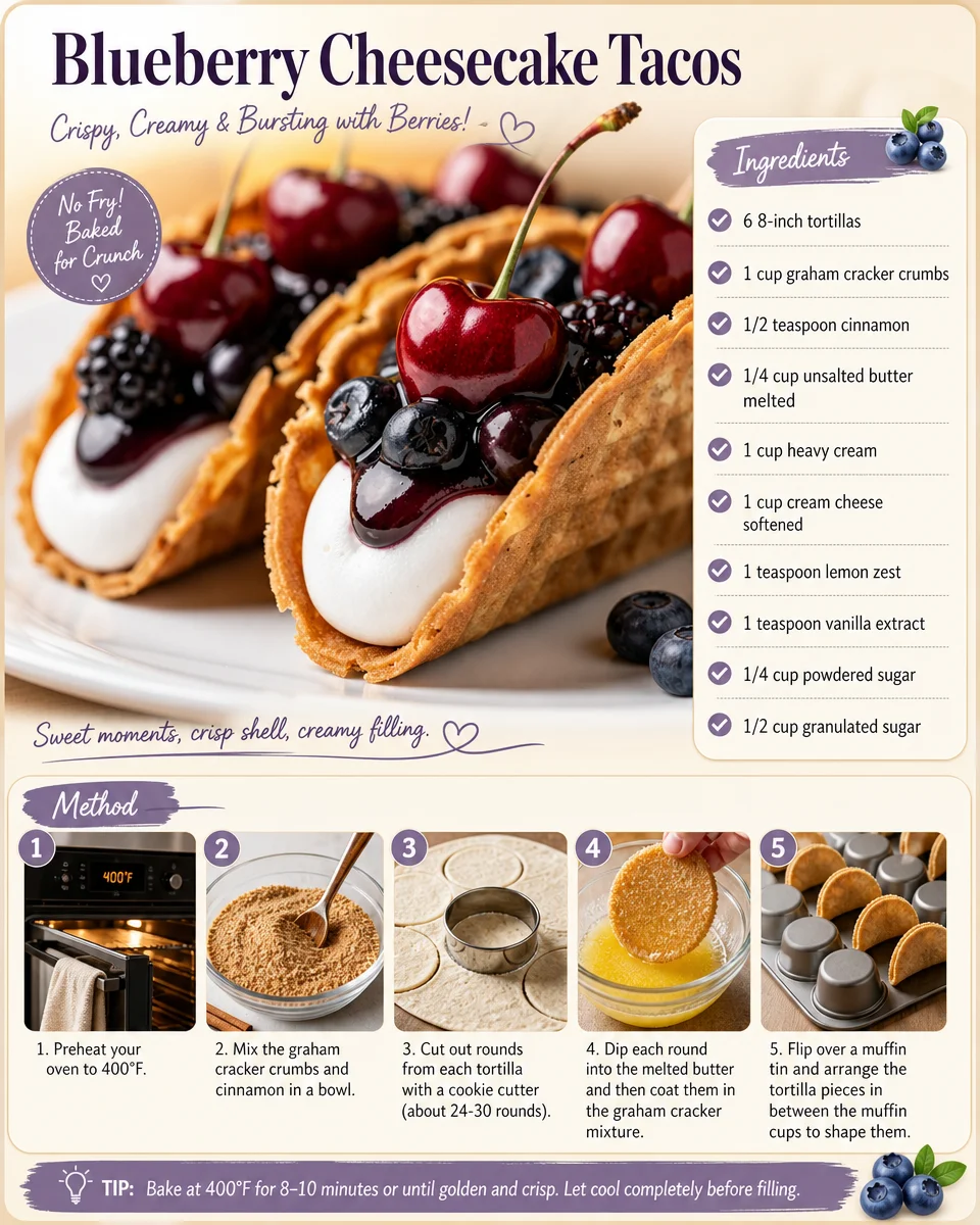 Blueberry cheesecake tacos topped with fresh blueberries and whipped cream
