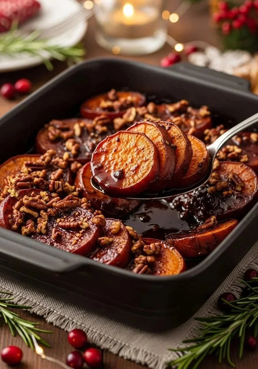 Braised sweet potatoes with Piri Piri pecans garnished and ready to serve.
