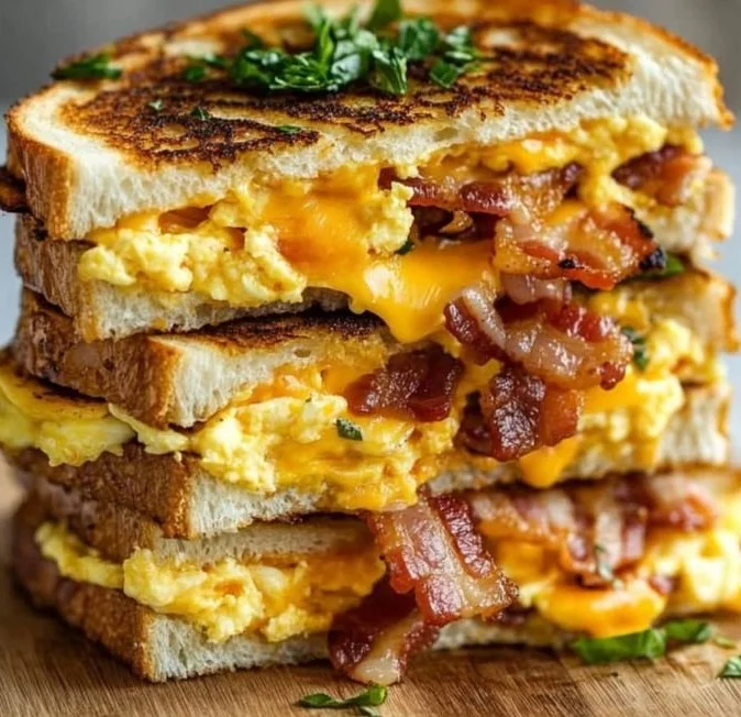 Delicious breakfast grilled cheese sandwich with melted cheese and toasted bread