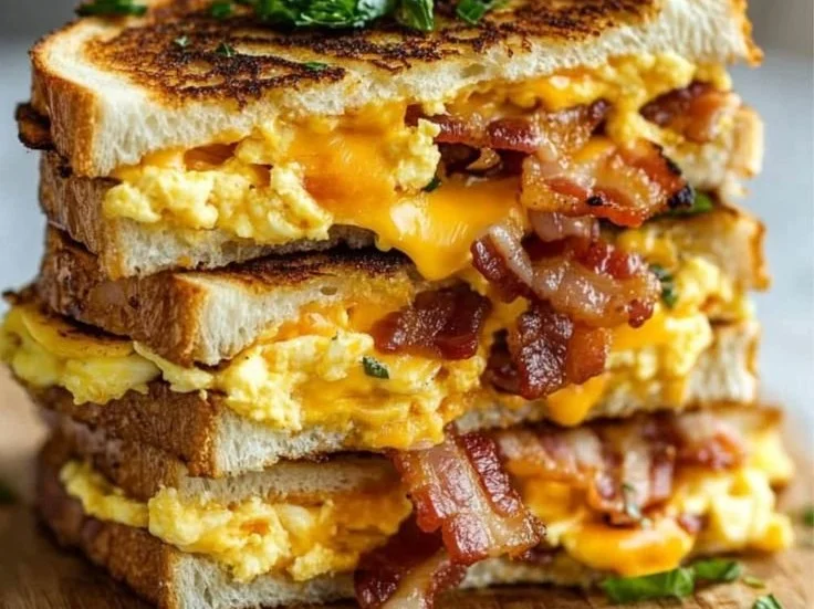 Delicious breakfast grilled cheese sandwich made with crispy bread and melted cheese.