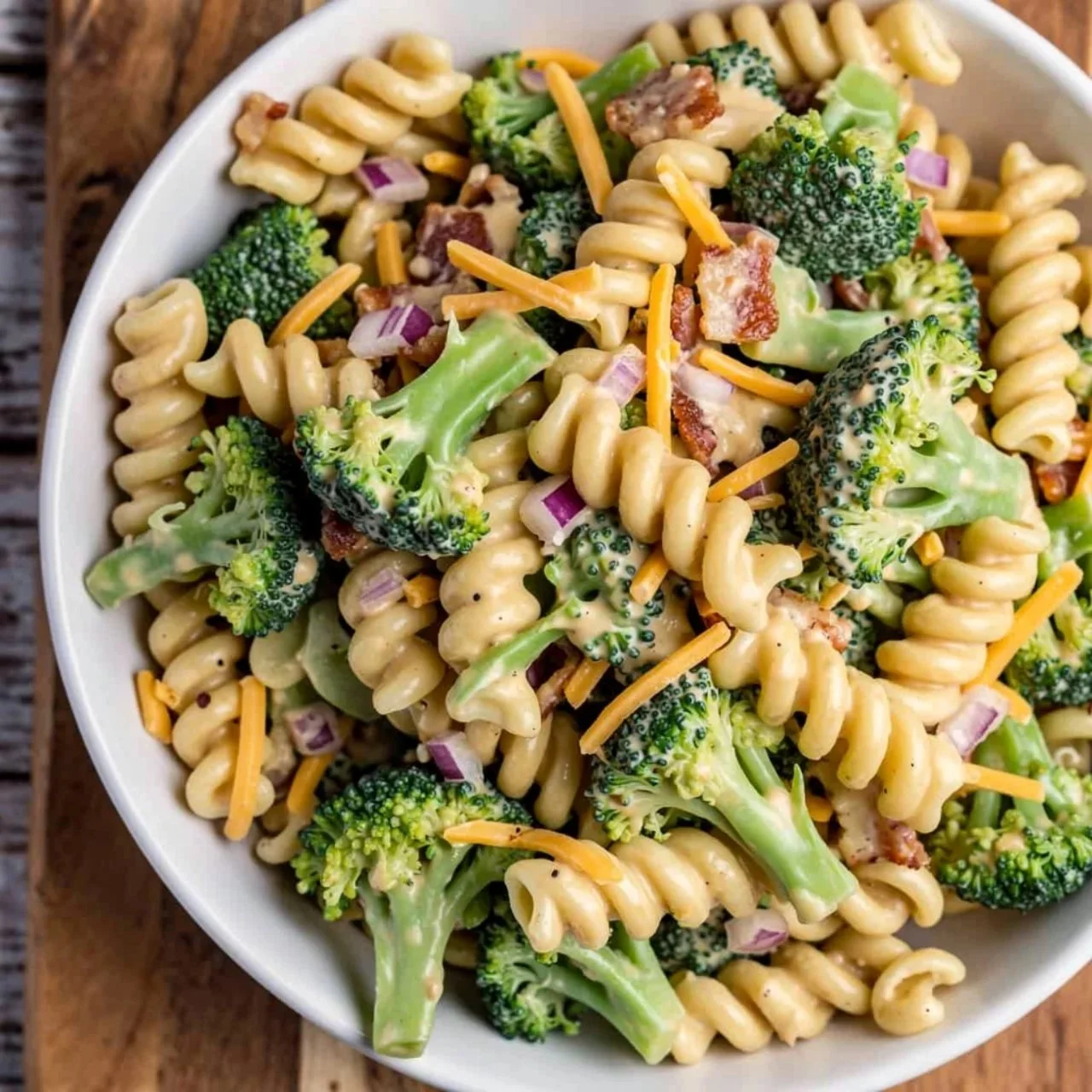 Broccoli Cheddar Pasta Salad in a colorful bowl, perfect for weeknight meals.