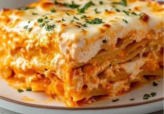 Buffalo Ranch Chicken Lasagna with cheesy layers served on a plate