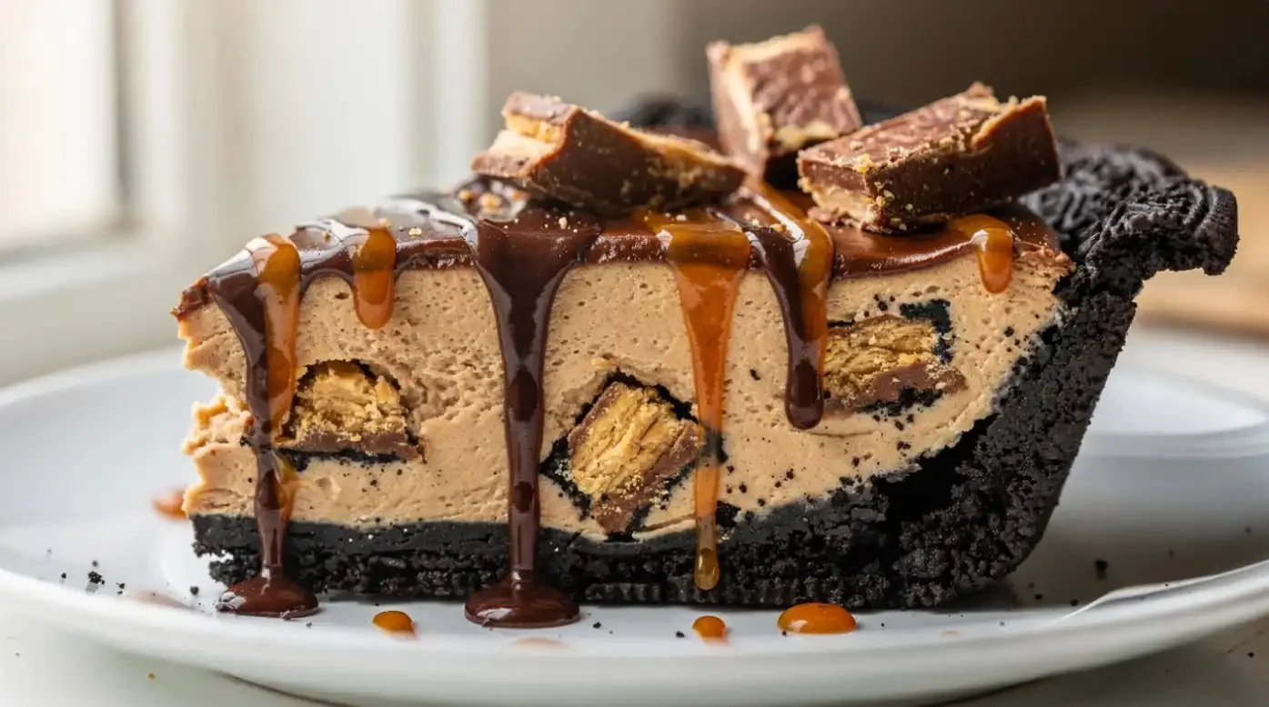 Delicious Butterfinger Pie topped with chocolate shavings and Butterfinger pieces