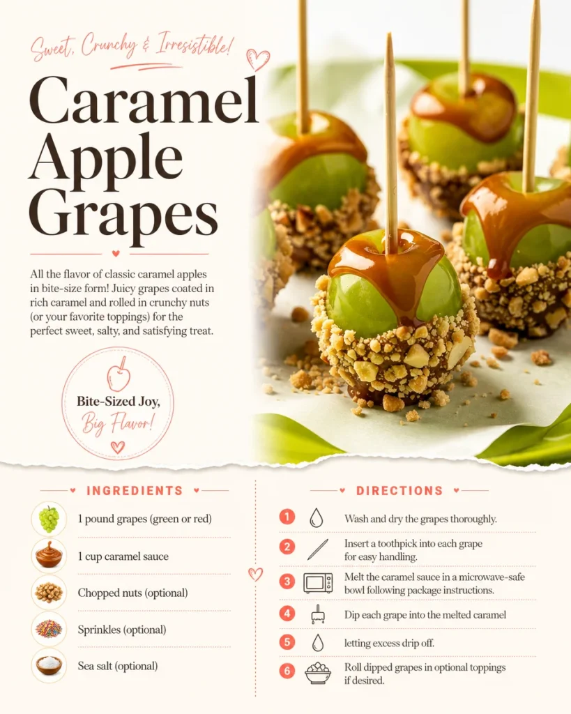 Caramel apple grapes drizzled with caramel sauce, perfect for fall treats.