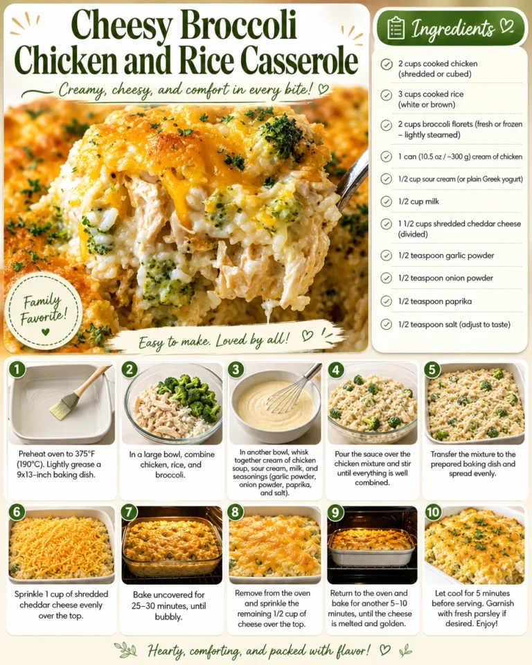 Cheesy broccoli chicken and rice casserole dish served in a baking dish.