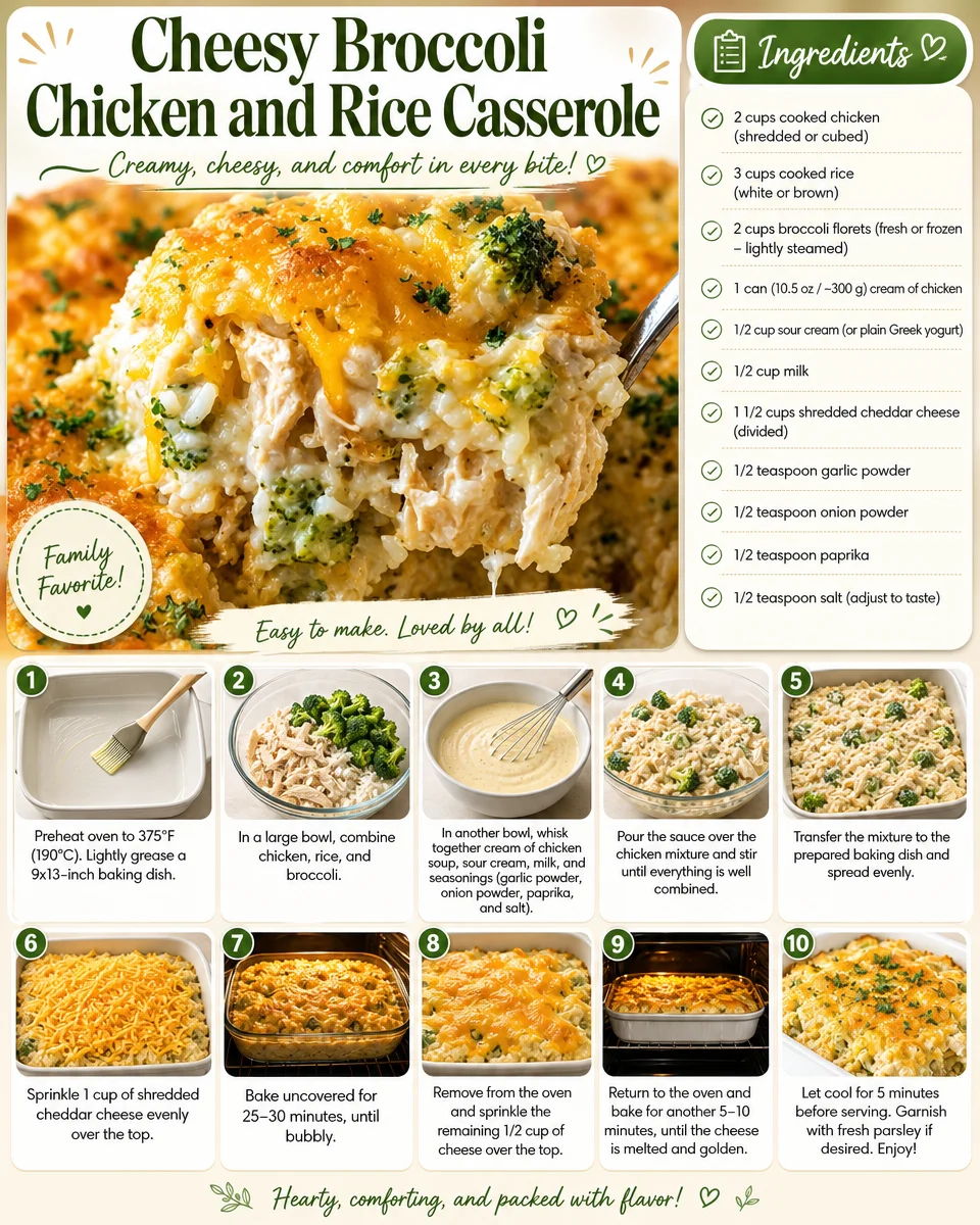 Cheesy broccoli chicken and rice casserole dish served in a baking dish.
