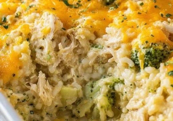 Cheesy Chicken, Broccoli, and Rice Casserole in a baking dish