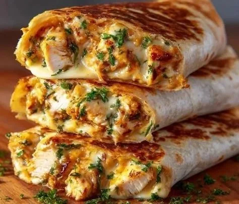Cheesy garlic chicken wraps on a plate, garnished with herbs.