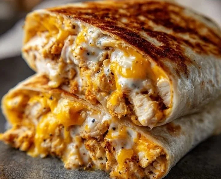 Cheesy garlic chicken wraps filled with tender chicken, cheese, and fresh veggies.