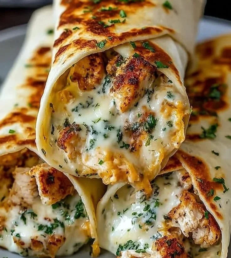 Cheesy garlic chicken wraps served on a plate with fresh herbs and side salad