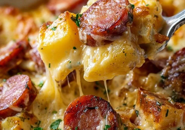 Cheesy Kielbasa Potato Casserole with melted cheese and potatoes