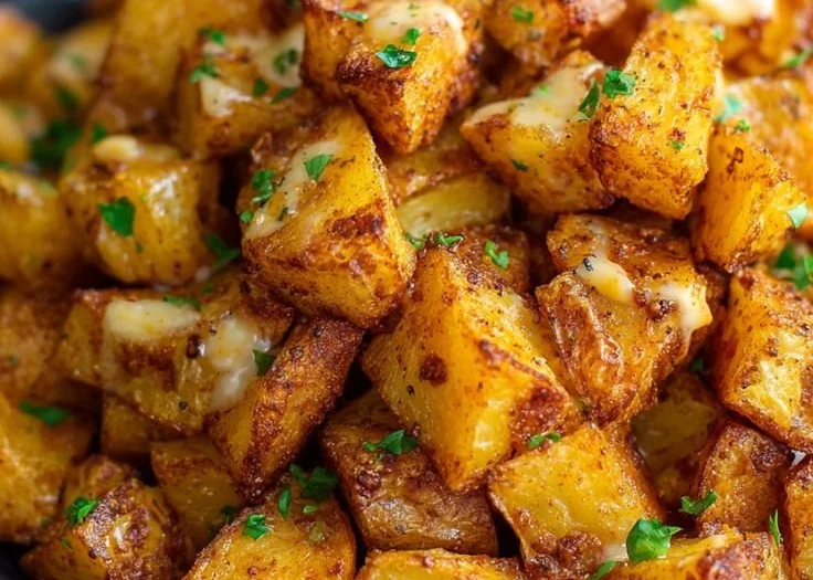 Cheesy Taco Potatoes topped with cheese and taco seasoning in a serving dish