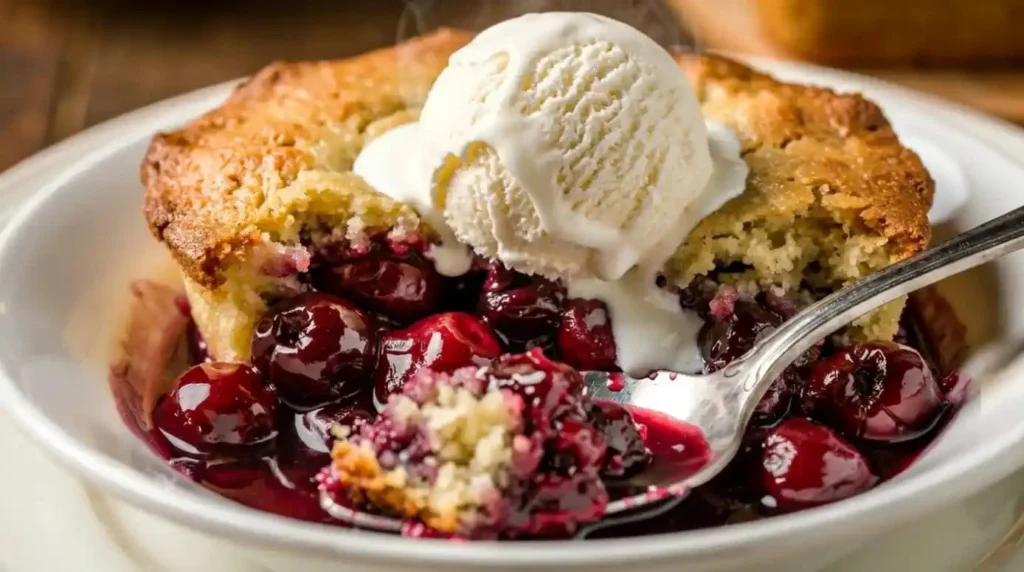 Delicious cherry cobbler made with pie filling, served warm with ice cream