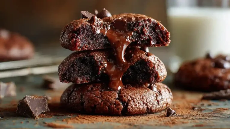Chewy fudgy double-chocolate chip cookies on a plate, showcasing rich chocolate texture.