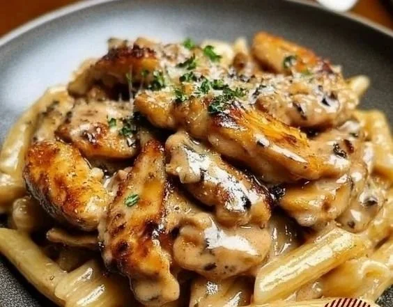 Delicious Chicken Marsala Pasta topped with herbs and served in a rich sauce