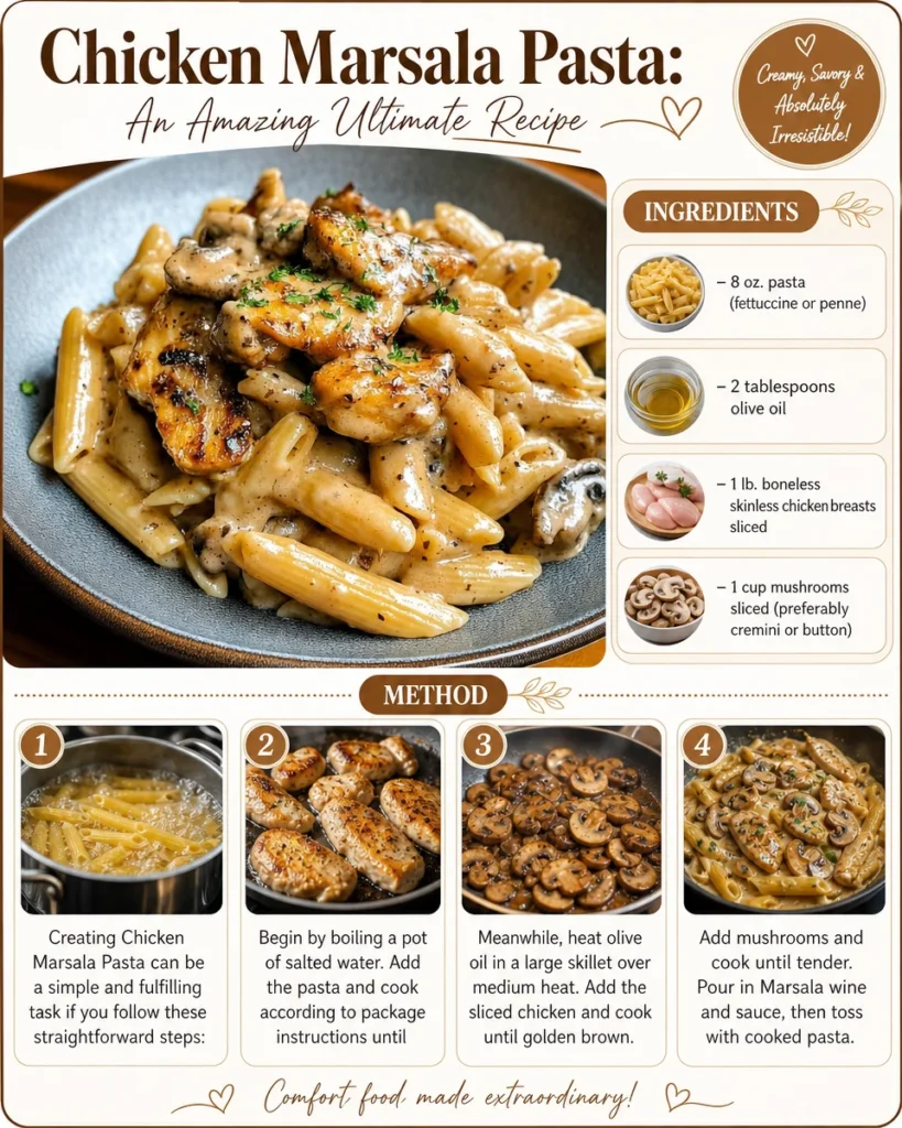 A delicious plate of Chicken Marsala Pasta garnished with herbs and served with a side salad.