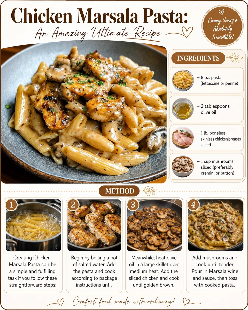 A delicious plate of Chicken Marsala Pasta garnished with herbs and served with a side salad.