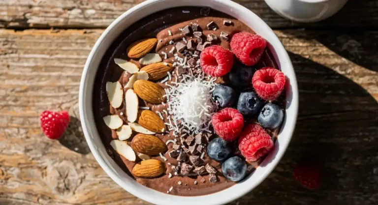 Chocolate Almond Coconut Smoothie Bowl topped with almonds and coconut flakes