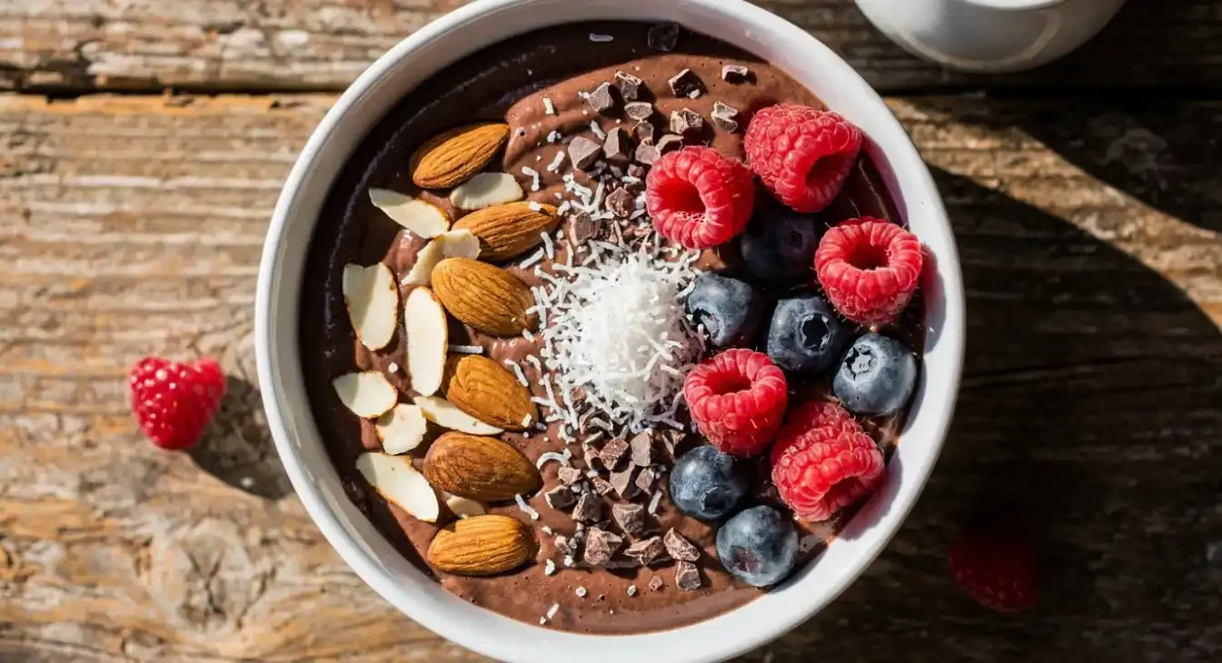 Chocolate Almond Coconut Smoothie Bowl topped with almonds and coconut flakes