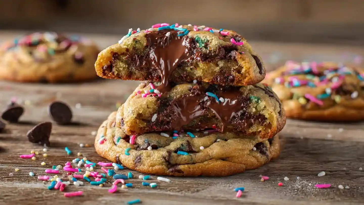 Freshly baked chocolate chip sprinkle cookies on a plate