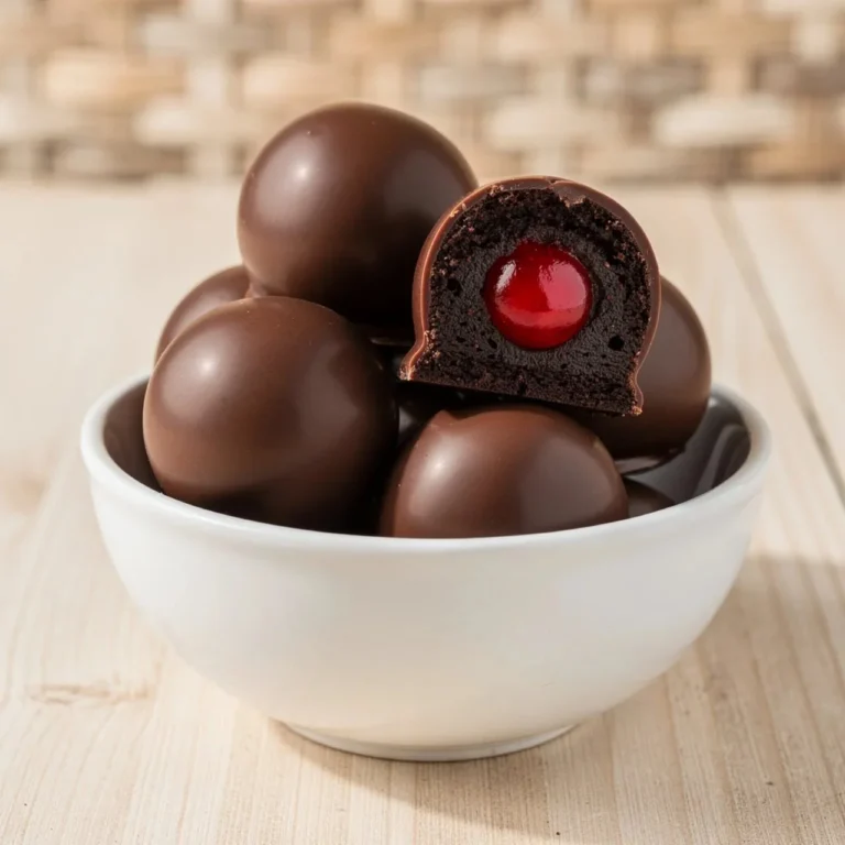Chocolate covered cherry brownie bombs stacked on a plate with a cherry garnish