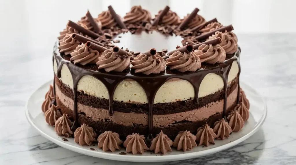 Slice of Chocolate Irish Cream Cheesecake Cake topped with chocolate shavings