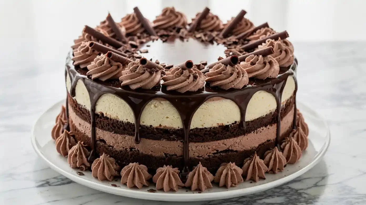 Slice of Chocolate Irish Cream Cheesecake Cake topped with chocolate shavings