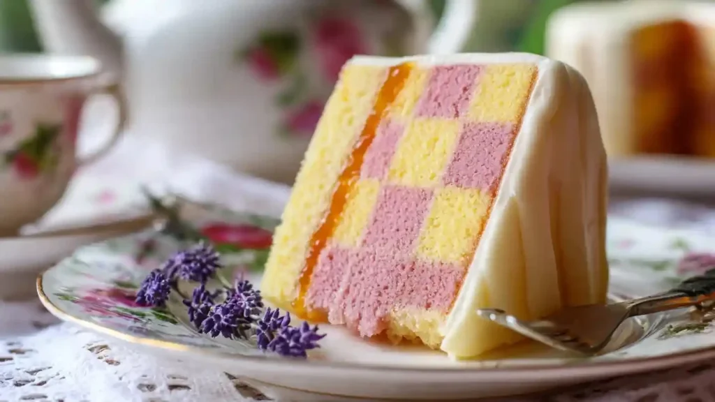 Classic Battenburg Cake with pink and yellow layers and marzipan coating.