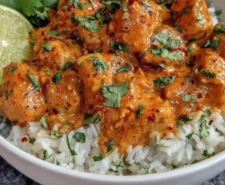 Delicious Coconut Chicken Rice Bowl garnished with herbs and served in a bowl.