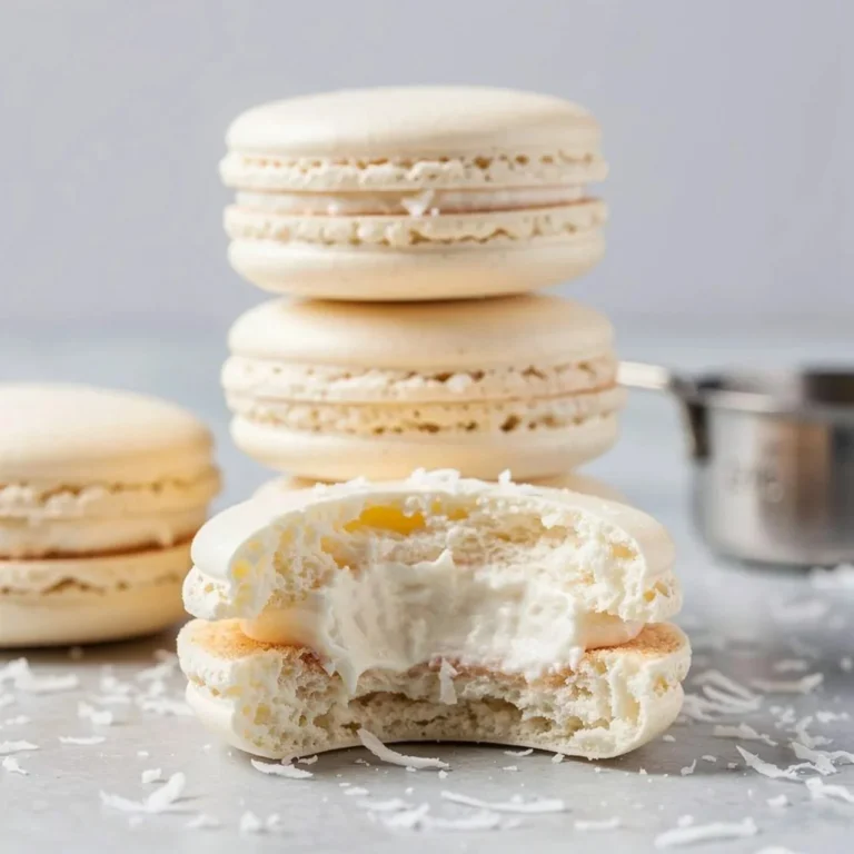 Plate of delicious, homemade Coconut Macarons featuring a golden-brown exterior.