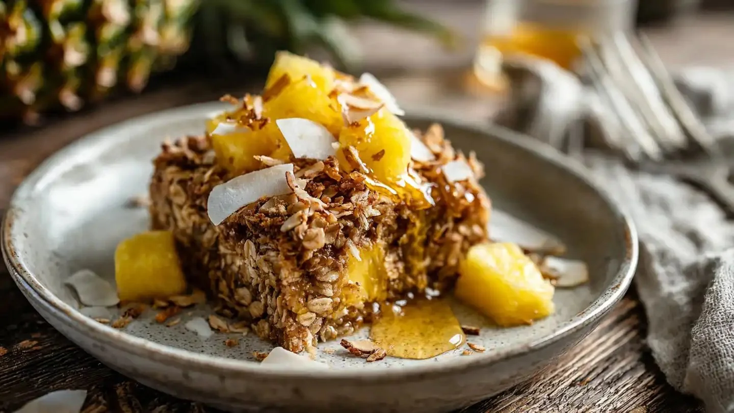 Baked Coconut Pineapple Oatmeal served in a bowl with fresh pineapple slices