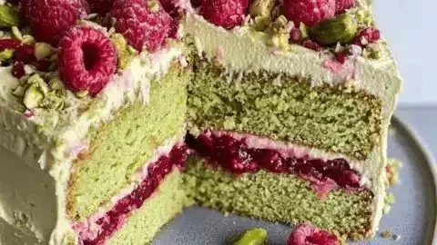 Colorful pistachio raspberry cake with vibrant layers and frosting