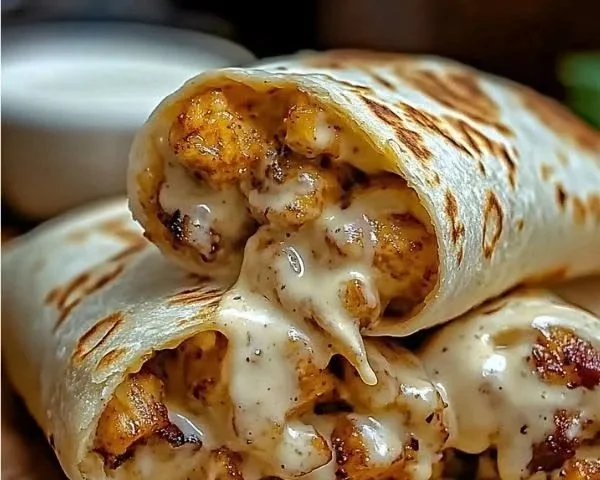 Delicious cheesy garlic chicken wraps served on a plate, ready to enjoy.