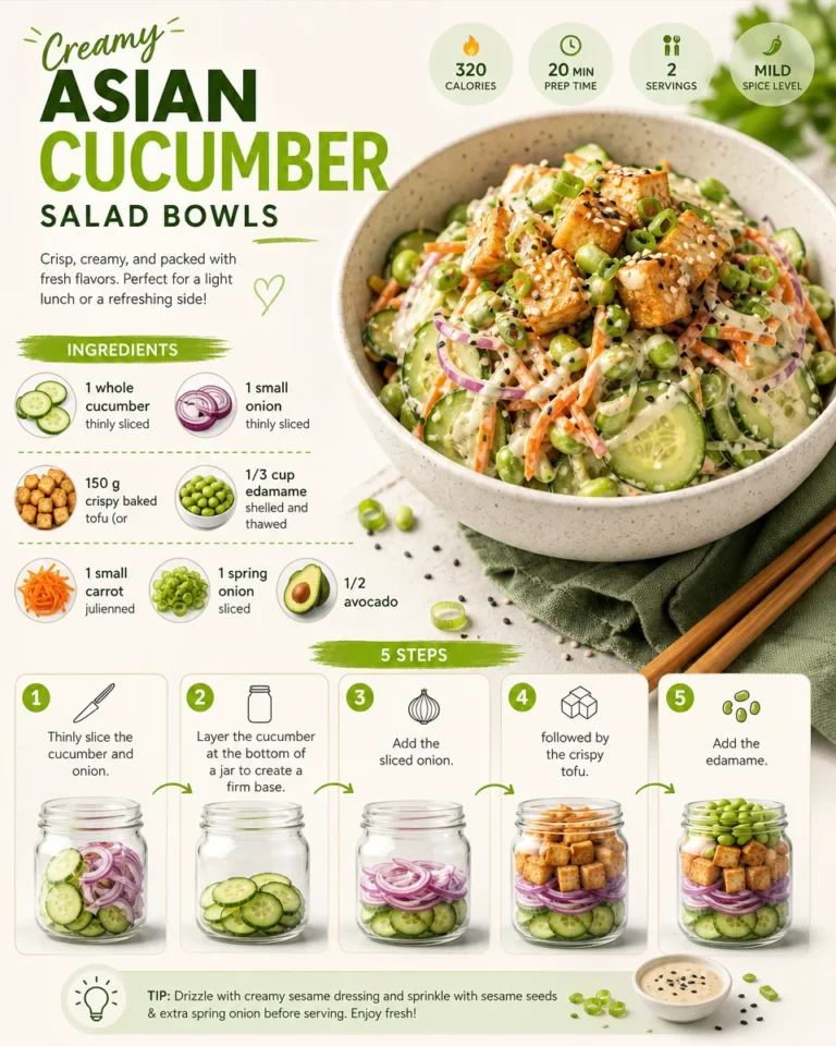 Fresh creamy Asian cucumber salad bowl garnished with herbs and sesame seeds