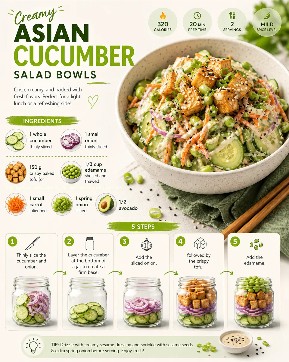 Fresh creamy Asian cucumber salad bowl garnished with herbs and sesame seeds