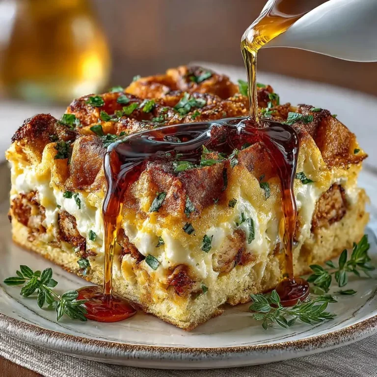 Creamy chicken casserole topped with waffles, served in a baking dish.
