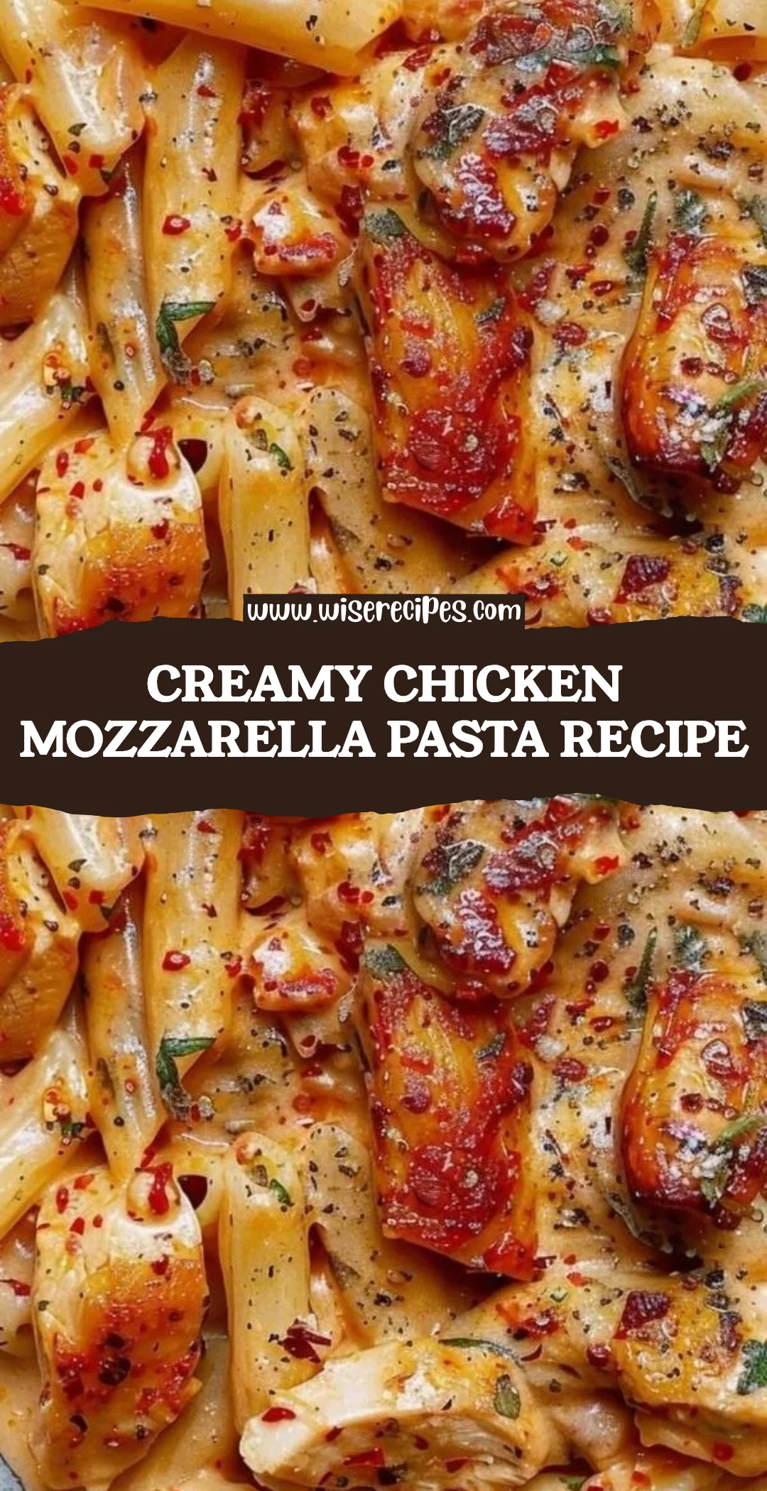 Creamy Chicken Mozzarella Pasta served with fresh herbs and Parmesan cheese.