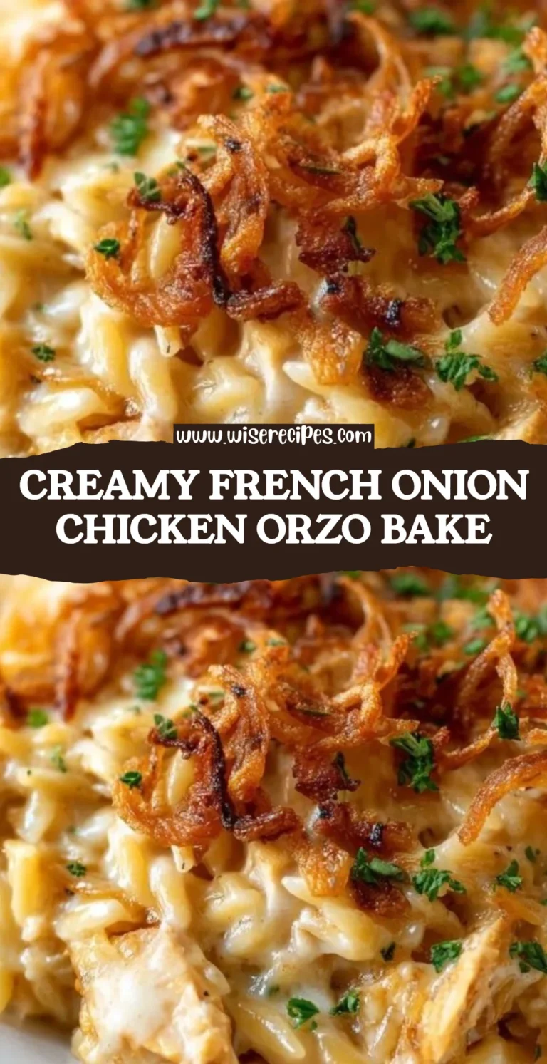 Creamy French Onion Chicken Orzo Bake topped with melted cheese and herbs