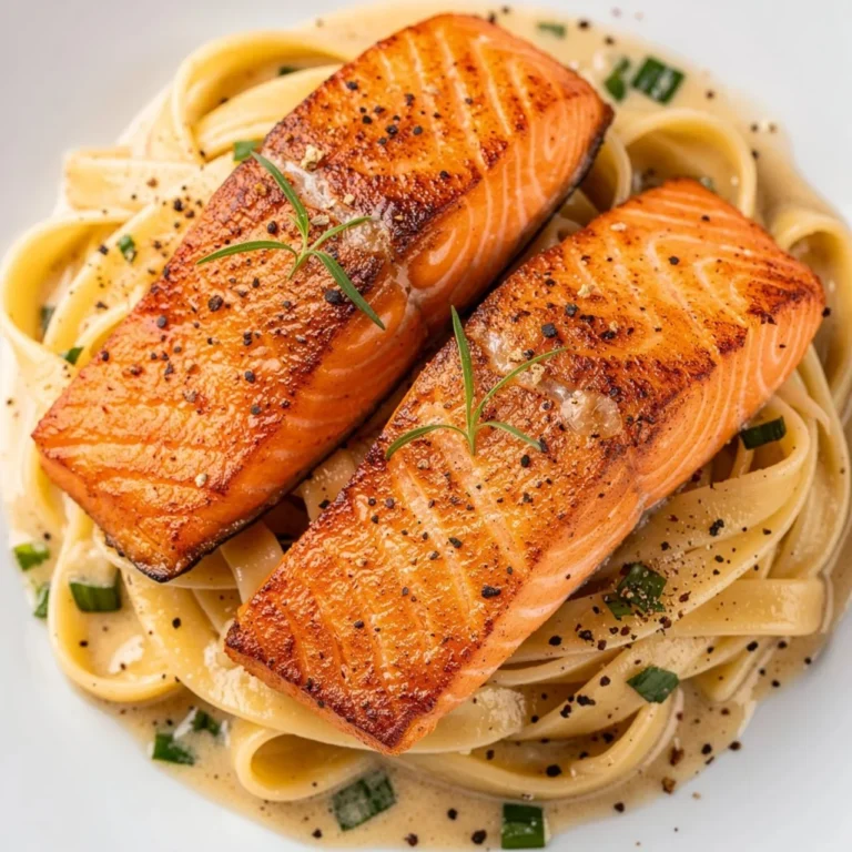 Creamy garlic butter salmon fettuccine garnished with herbs