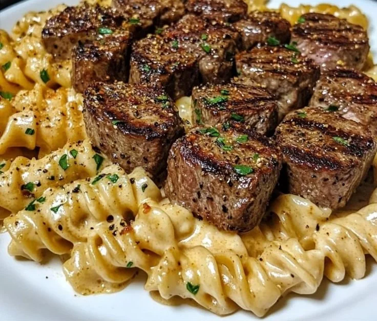 Creamy garlic butter steak bites served with Cajun Alfredo pasta on a plate