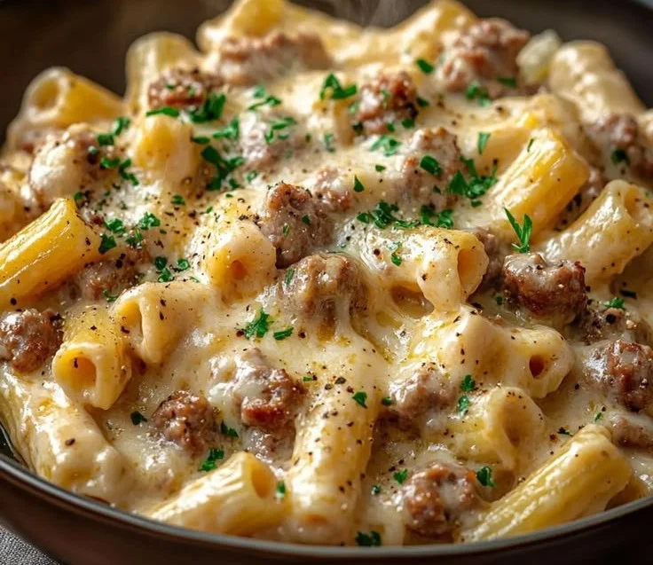 Creamy Italian sausage rigatoni dish with herbs and cheese