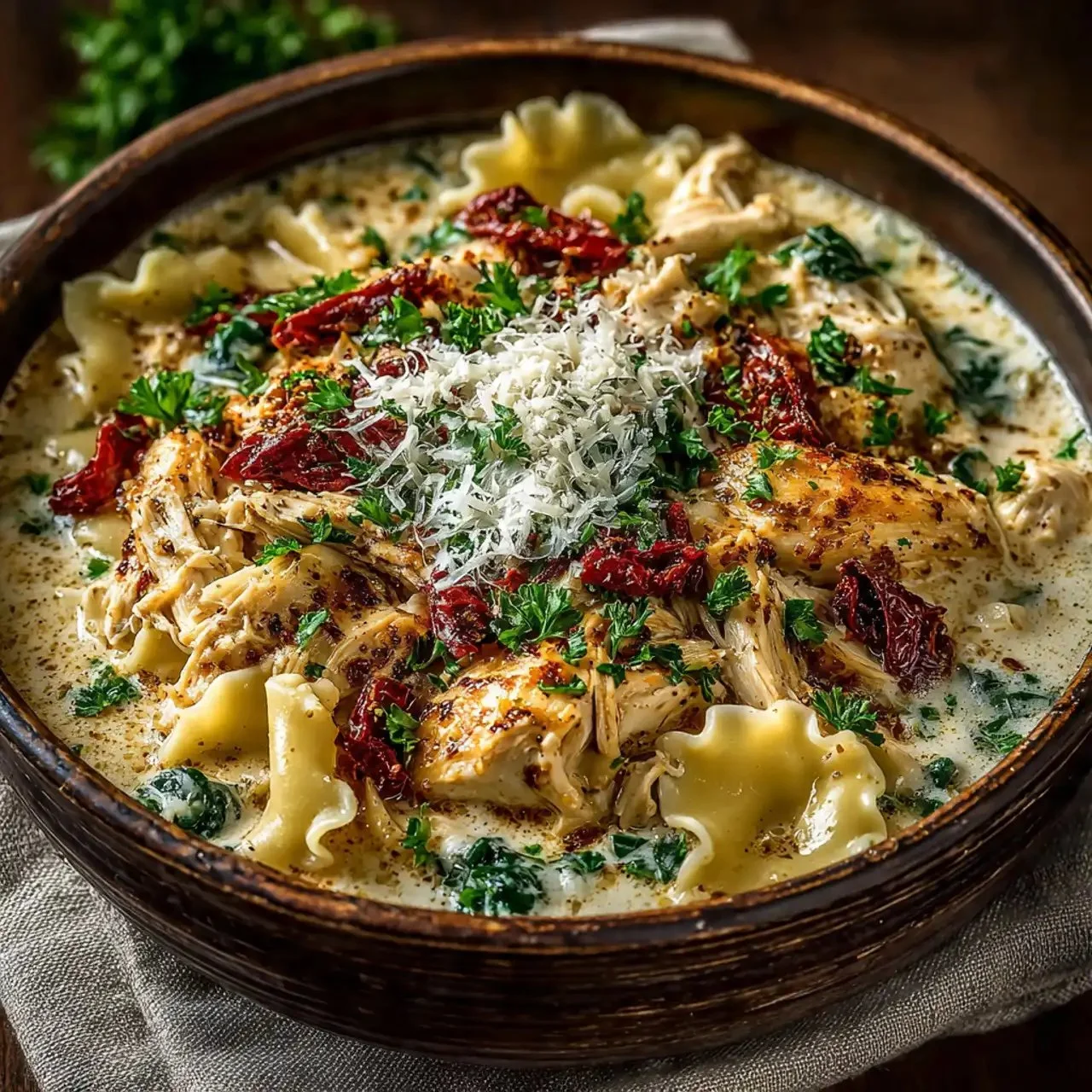 Creamy slow cooker white lasagna soup with cheese and pasta