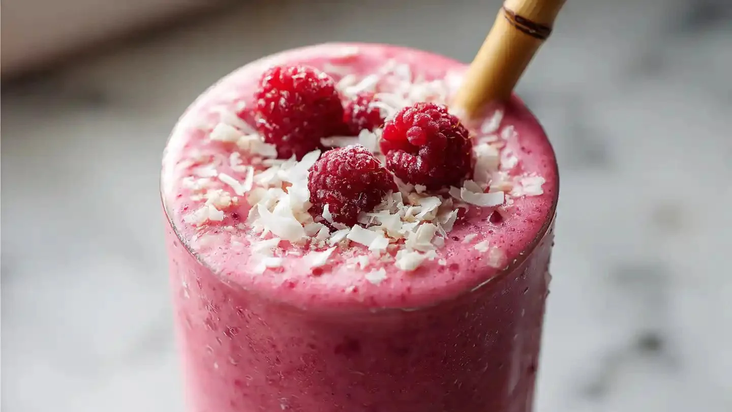 Creamy smoothie made with coconut and fresh raspberries, served in a glass.